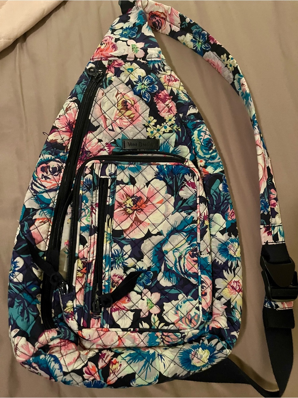 Vera Bradley Navy Floral Quilted Crossbody Sling Bag with Pink & Teal Accents